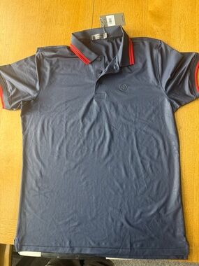 G/FORE Navy Polo with Red-Trim Collar with subtle skull and crossbones